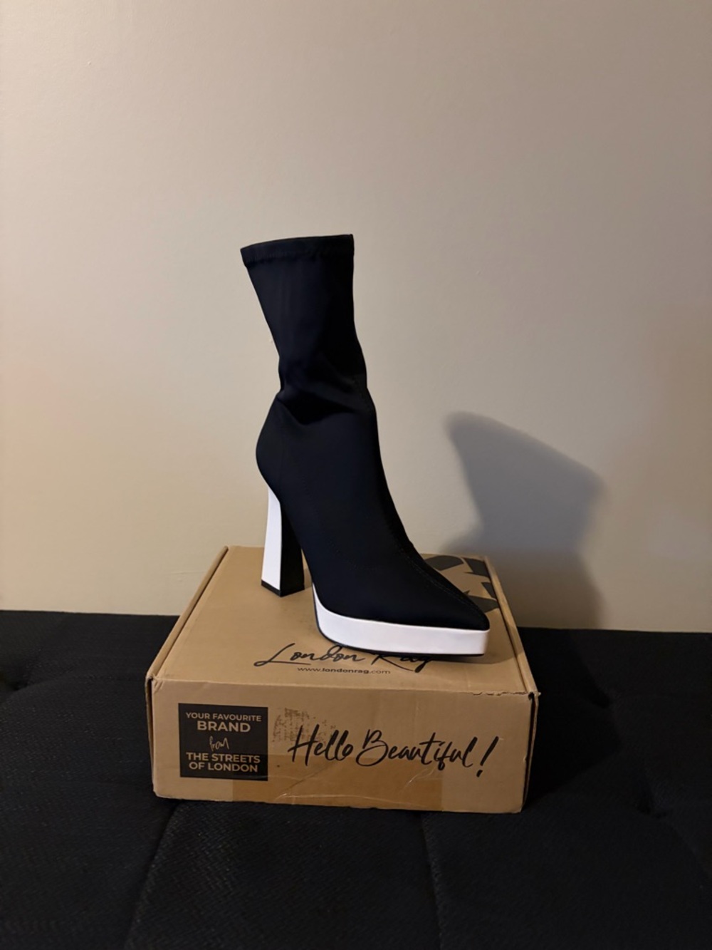Black Sock Boot with White Block Heel - Women